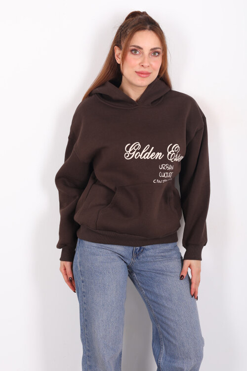Golden Essence Kahverengi Kadın Kanguru Cepli Hoodie - 6