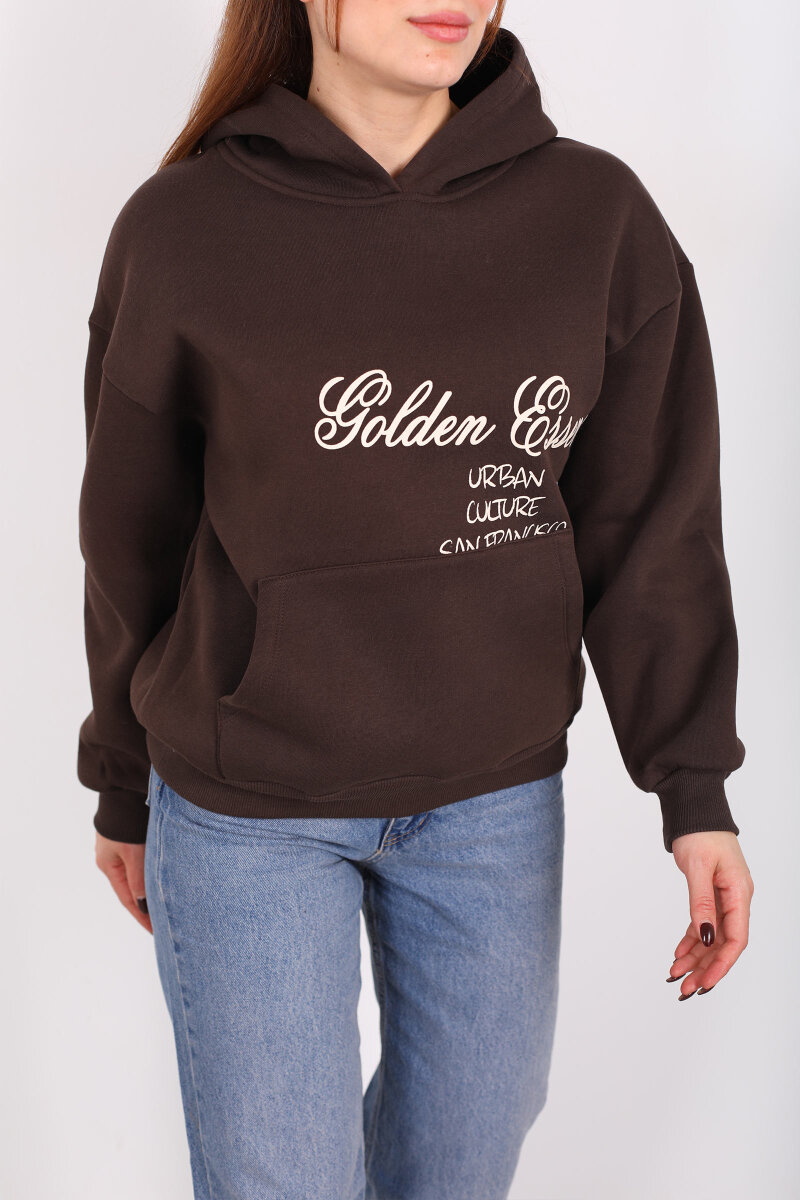 Golden Essence Kahverengi Kadın Kanguru Cepli Hoodie - 2
