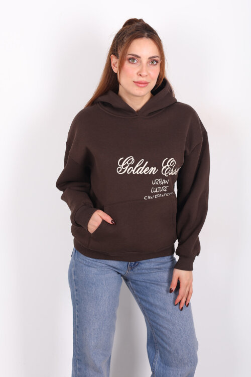 Golden Essence Kahverengi Kadın Kanguru Cepli Hoodie - Berox