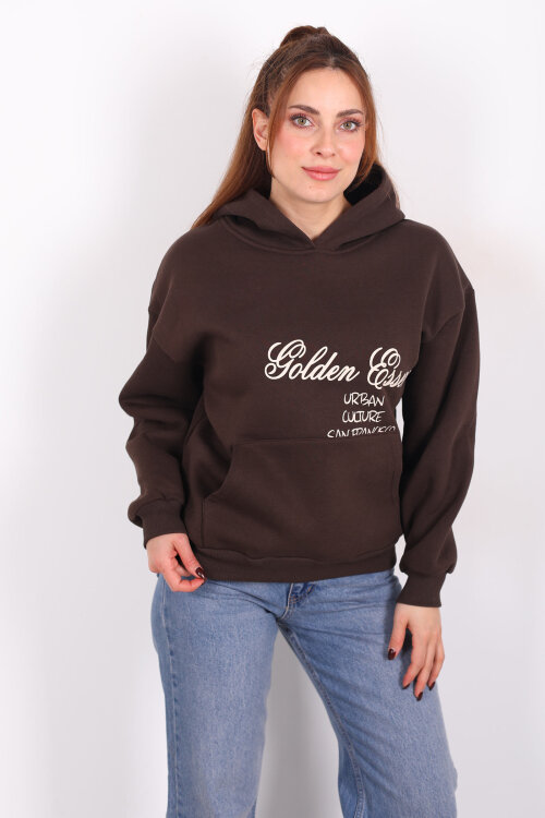 Golden Essence Kahverengi Kadın Kanguru Cepli Hoodie - 3