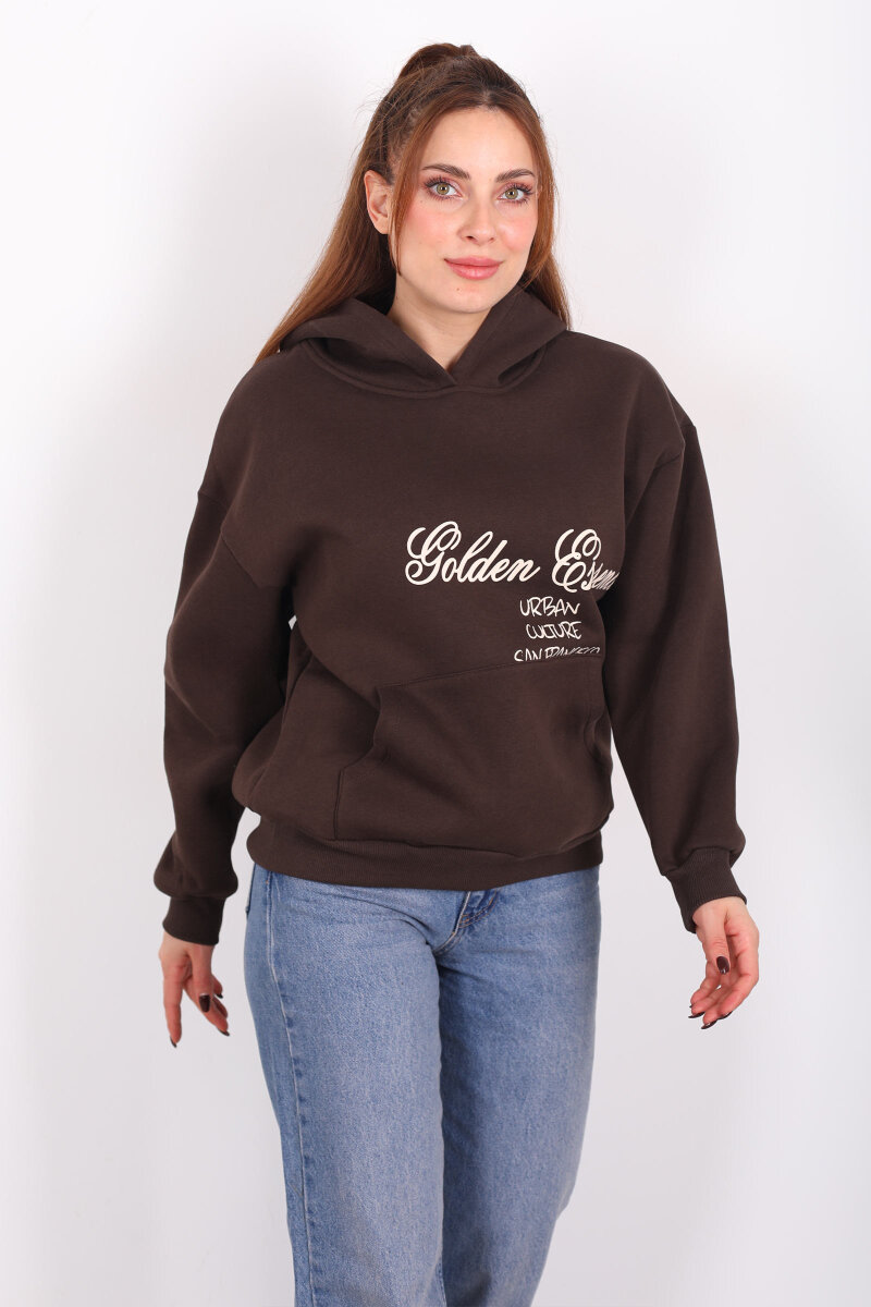 Golden Essence Kahverengi Kadın Kanguru Cepli Hoodie - 4