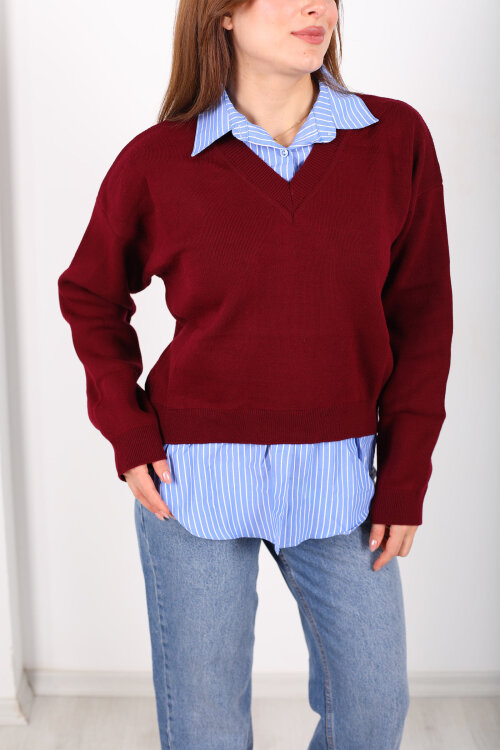 Gömlek Detaylı Kadın Bordo Triko Kazak - Berox (1)