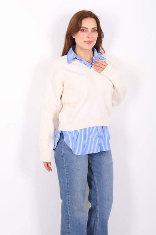 Gömlek Detaylı Kadın Krem Triko Kazak - Berox