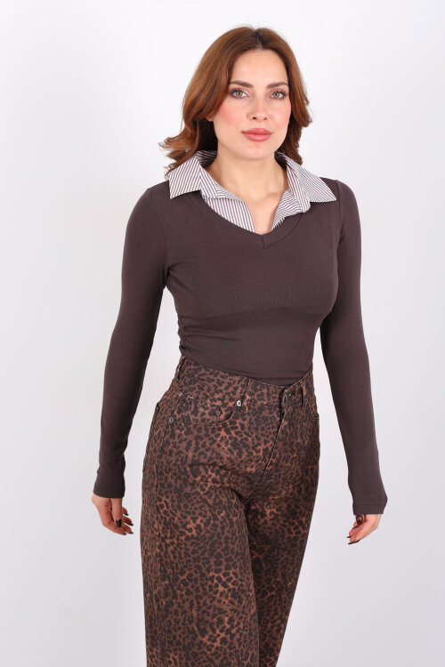 Gömlek Garnili Acı Kahve Kadın Bluz - 4