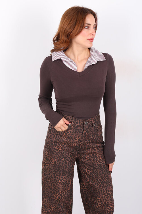 Gömlek Garnili Acı Kahve Kadın Bluz - 3