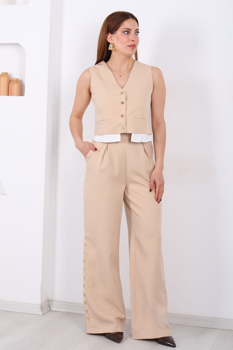 Gömlek Garnili Çıtçıtlı Kadın Bej Yelek Pantolon Takım - 7