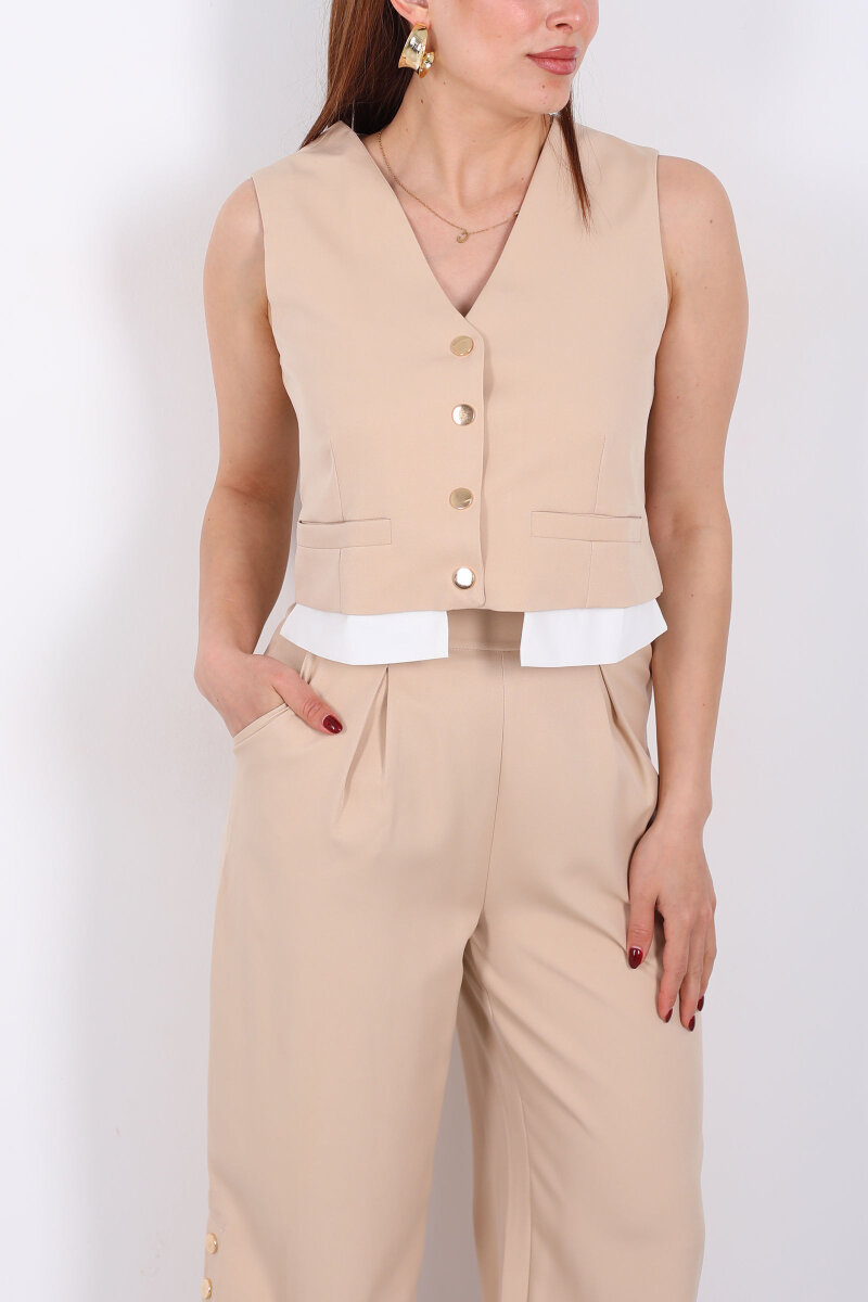 Gömlek Garnili Çıtçıtlı Kadın Bej Yelek Pantolon Takım - 2