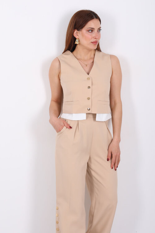 Gömlek Garnili Çıtçıtlı Kadın Bej Yelek Pantolon Takım - 5