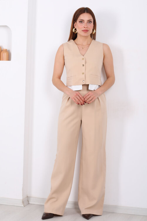 Gömlek Garnili Çıtçıtlı Kadın Bej Yelek Pantolon Takım - 4