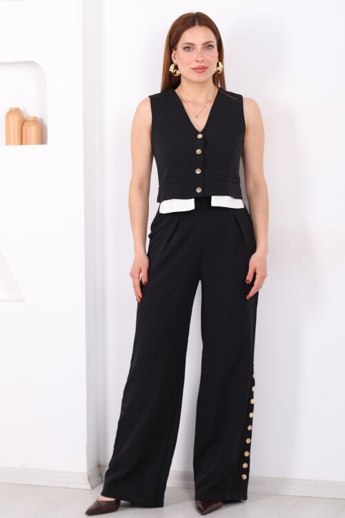 Gömlek Garnili Çıtçıtlı Kadın Siyah Yelek Pantolon Takım - 5