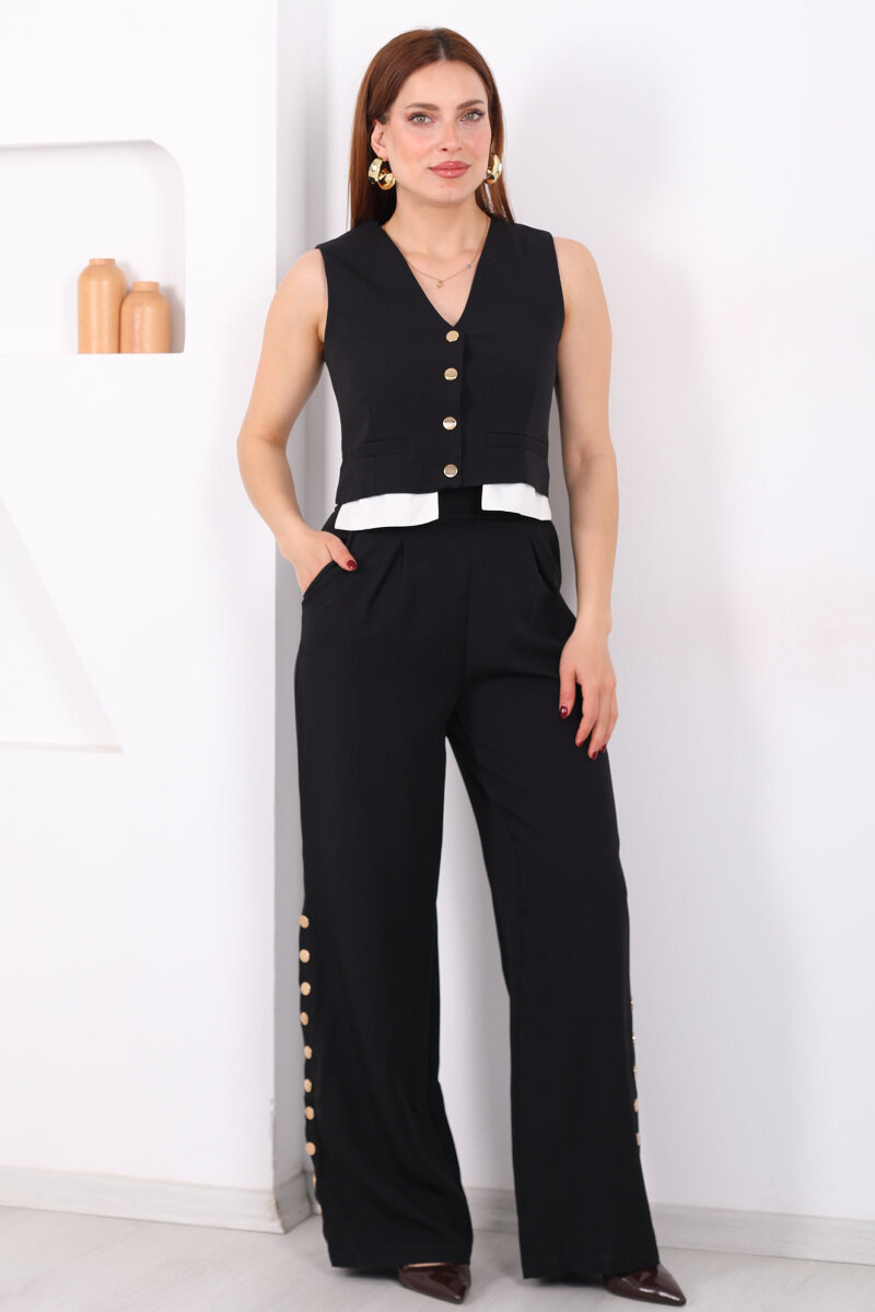 Gömlek Garnili Çıtçıtlı Kadın Siyah Yelek Pantolon Takım - 4