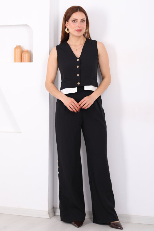 Gömlek Garnili Çıtçıtlı Kadın Siyah Yelek Pantolon Takım - 7