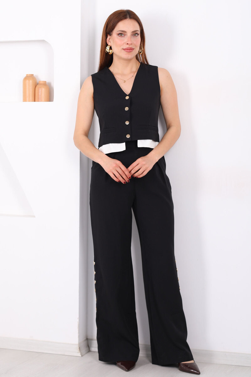 Gömlek Garnili Çıtçıtlı Kadın Siyah Yelek Pantolon Takım - 7