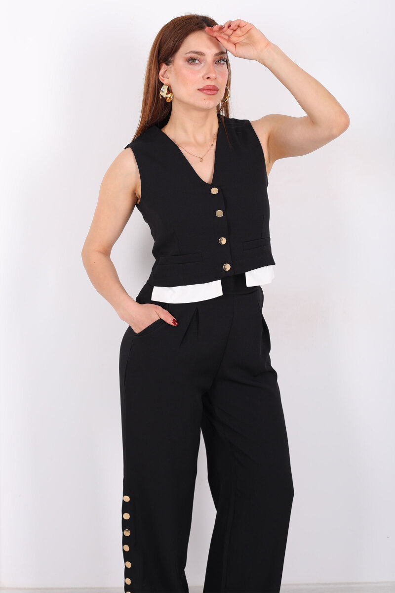 Gömlek Garnili Çıtçıtlı Kadın Siyah Yelek Pantolon Takım - 3