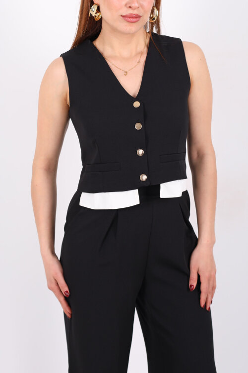 Gömlek Garnili Çıtçıtlı Kadın Siyah Yelek Pantolon Takım - Berox (1)