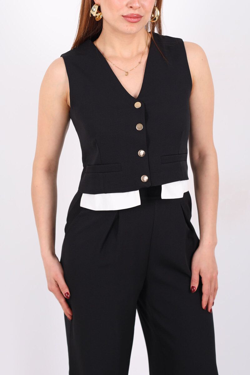 Gömlek Garnili Çıtçıtlı Kadın Siyah Yelek Pantolon Takım - 2