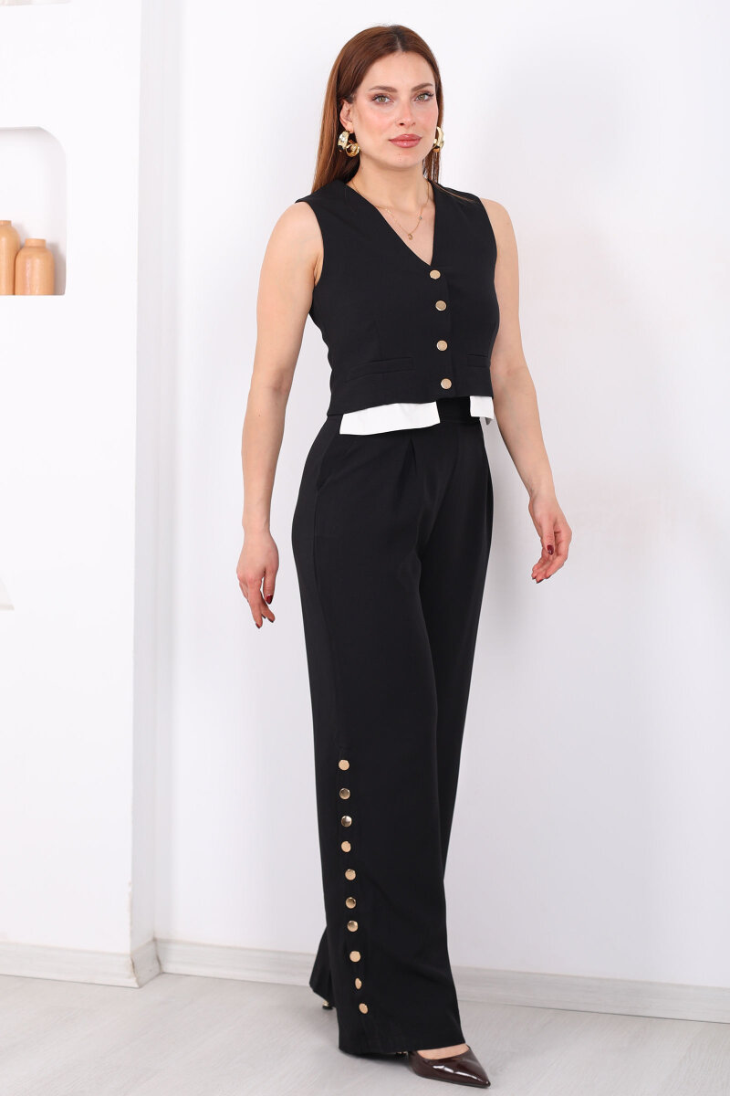 Gömlek Garnili Çıtçıtlı Kadın Siyah Yelek Pantolon Takım - 1