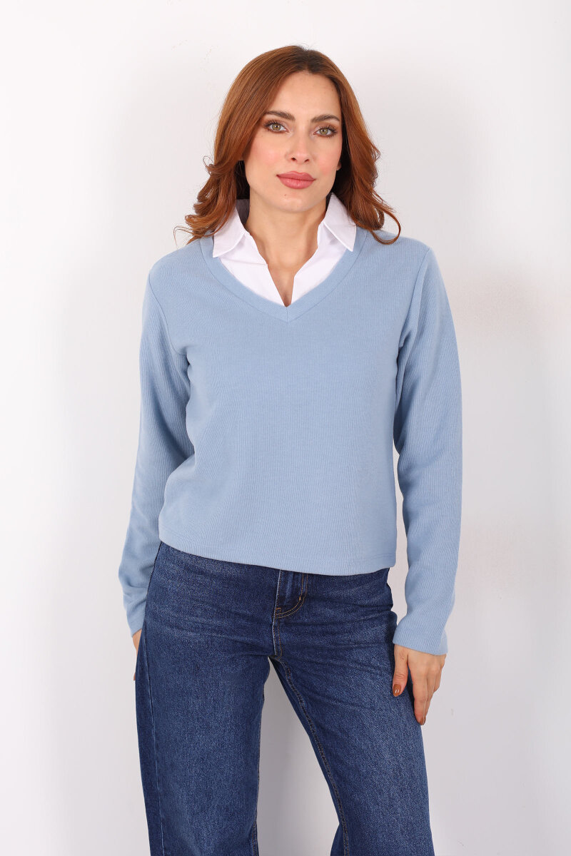 Gömlek Garnili Selanik Kadın Bebe Mavi Bluz - 5