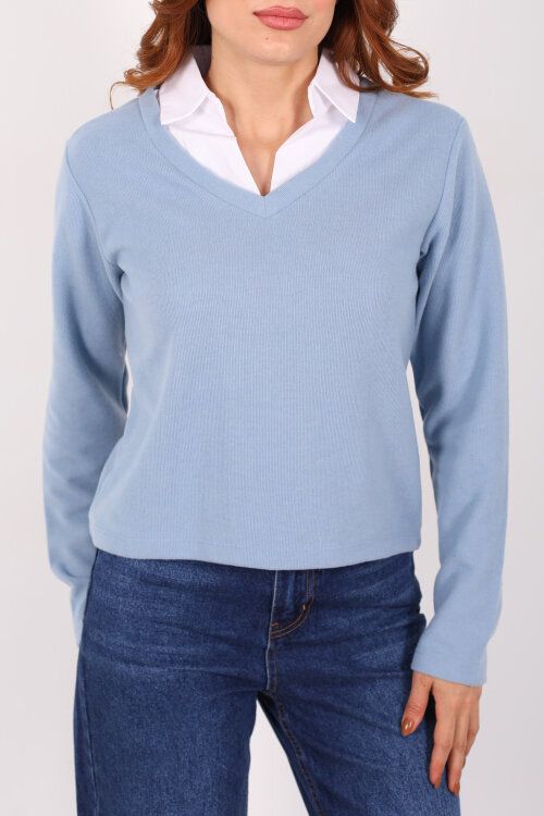 Gömlek Garnili Selanik Kadın Bebe Mavi Bluz - Berox (1)