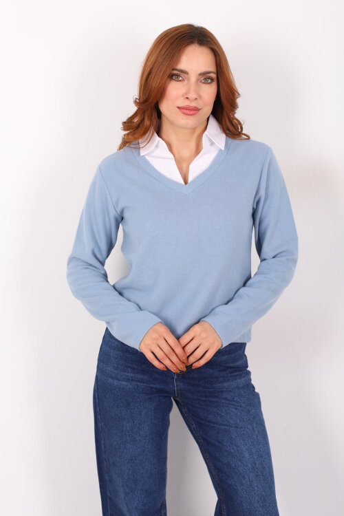 Gömlek Garnili Selanik Kadın Bebe Mavi Bluz - Berox