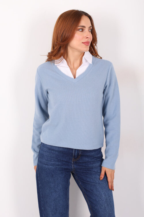 Gömlek Garnili Selanik Kadın Bebe Mavi Bluz - 3