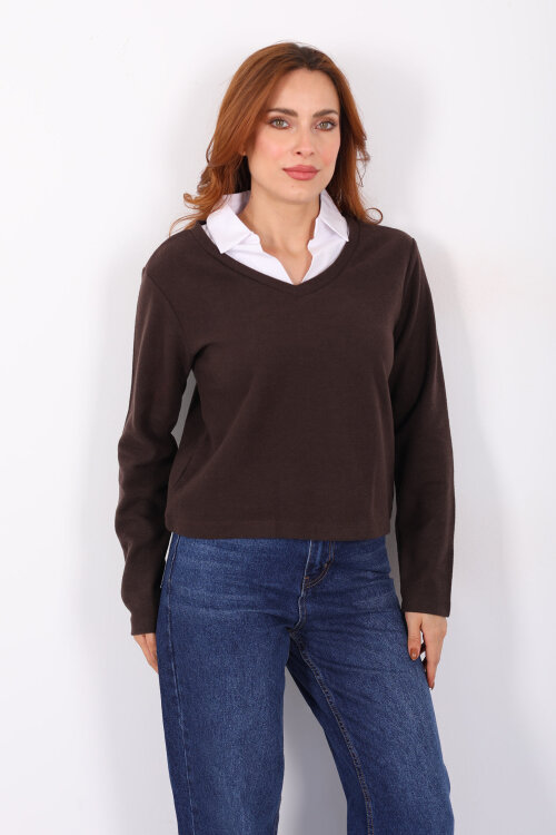 Gömlek Garnili Selanik Kadın Kahverengi Bluz - 6