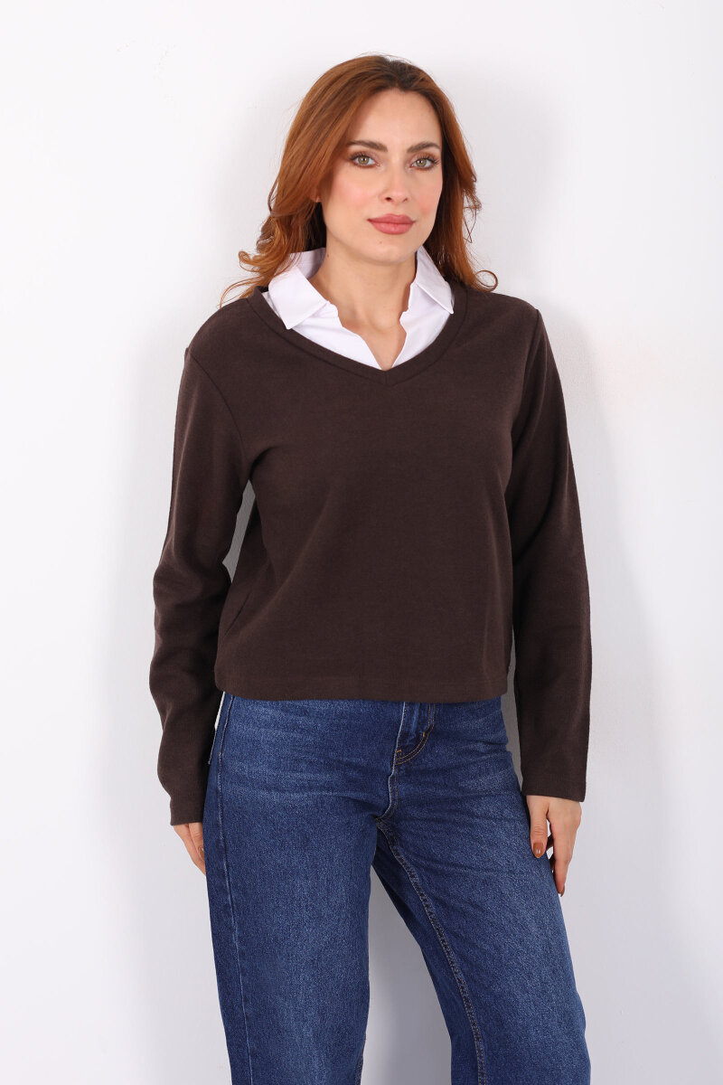 Gömlek Garnili Selanik Kadın Kahverengi Bluz - 6