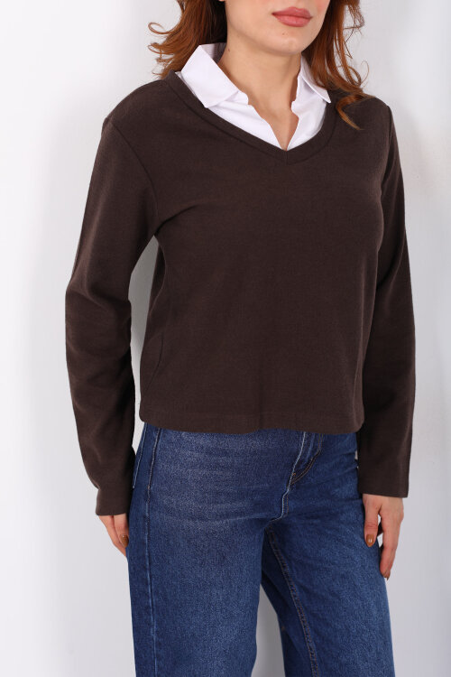 Gömlek Garnili Selanik Kadın Kahverengi Bluz - Berox (1)