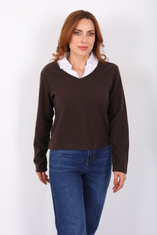 Gömlek Garnili Selanik Kadın Kahverengi Bluz - 4