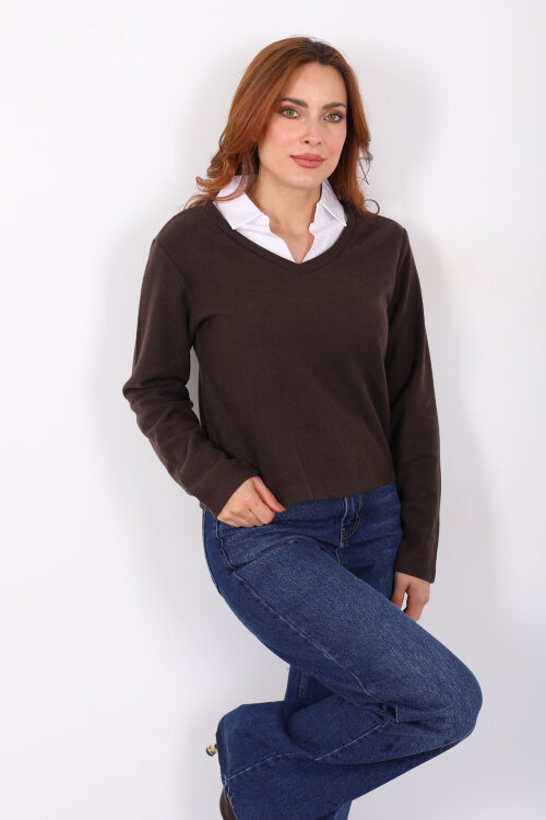 Gömlek Garnili Selanik Kadın Kahverengi Bluz - Berox