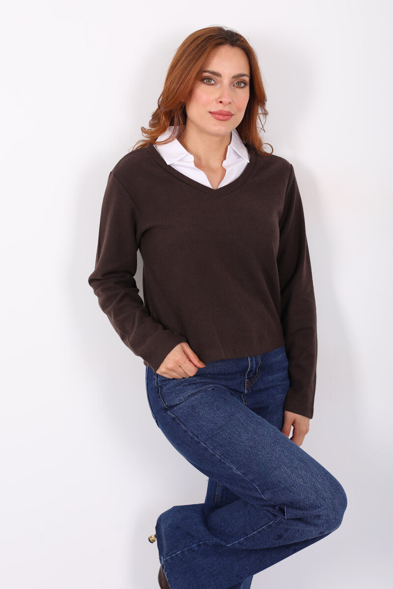 Gömlek Garnili Selanik Kadın Kahverengi Bluz - 1