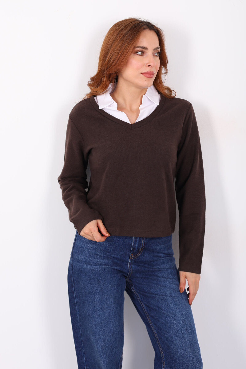 Gömlek Garnili Selanik Kadın Kahverengi Bluz - 3