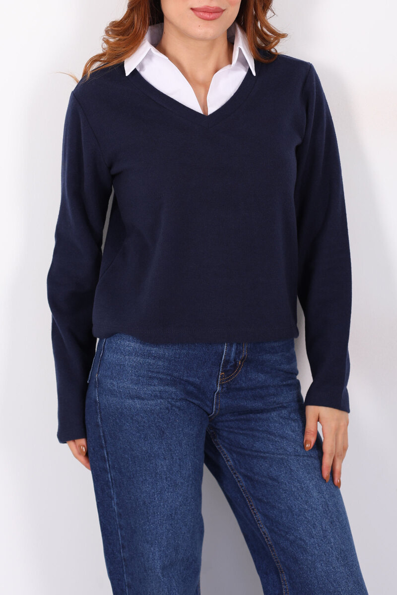 Gömlek Garnili Selanik Kadın Lacivert Bluz - 2