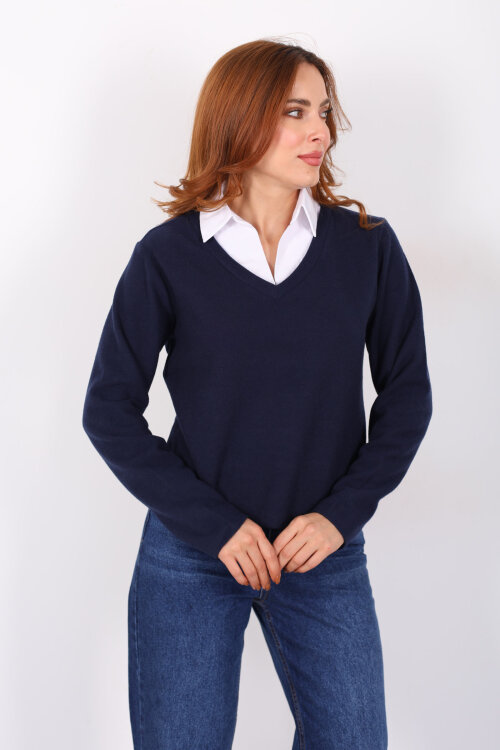 Gömlek Garnili Selanik Kadın Lacivert Bluz - Berox