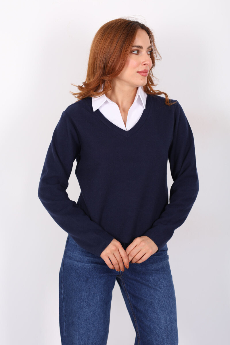 Gömlek Garnili Selanik Kadın Lacivert Bluz - 1