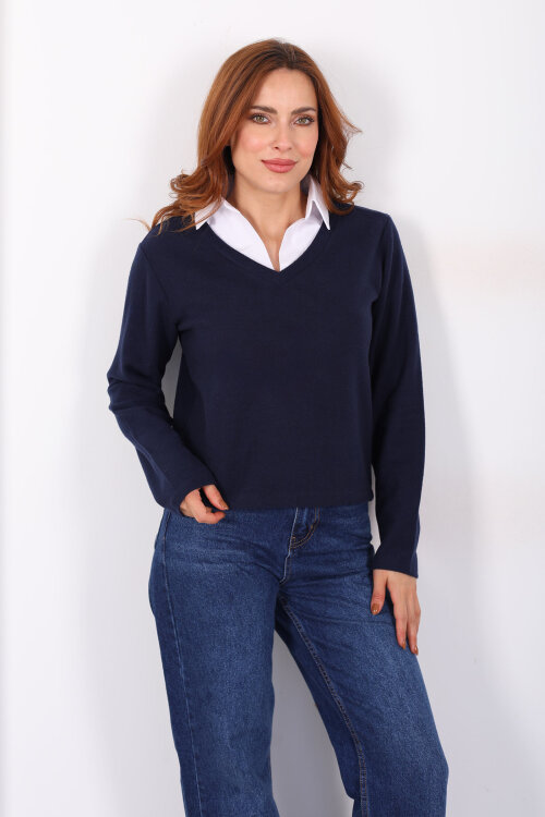 Gömlek Garnili Selanik Kadın Lacivert Bluz - 3