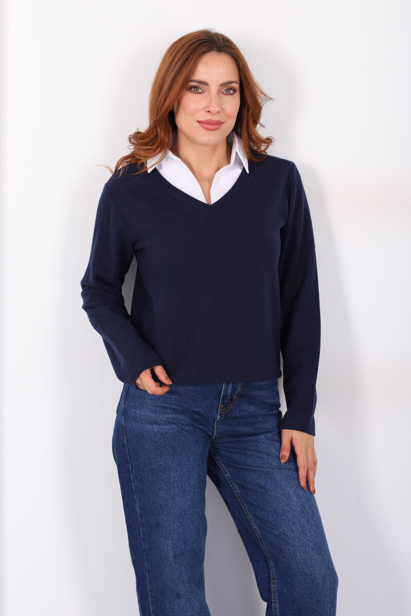 Gömlek Garnili Selanik Kadın Lacivert Bluz - 3