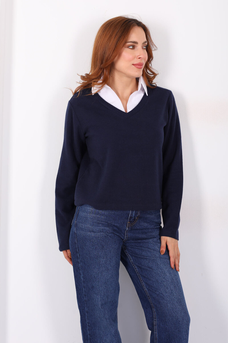 Gömlek Garnili Selanik Kadın Lacivert Bluz - 5