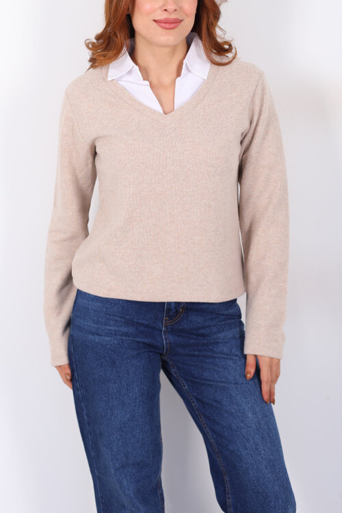 Gömlek Garnili Selanik Kadın Taş Rengi Bluz - Berox (1)