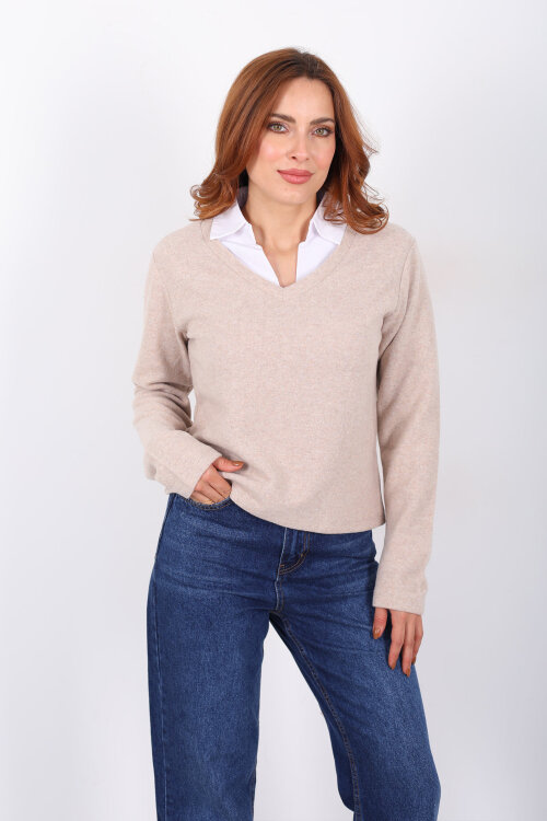 Gömlek Garnili Selanik Kadın Taş Rengi Bluz - Berox