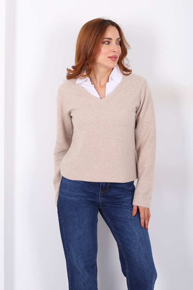 Gömlek Garnili Selanik Kadın Taş Rengi Bluz - 5