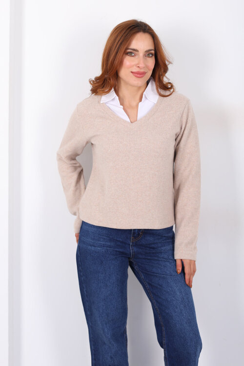 Gömlek Garnili Selanik Kadın Taş Rengi Bluz - 3