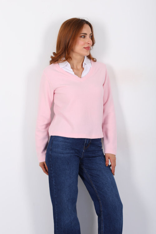 Gömlek Garnili Selanik Kadın Pembe Bluz - 3