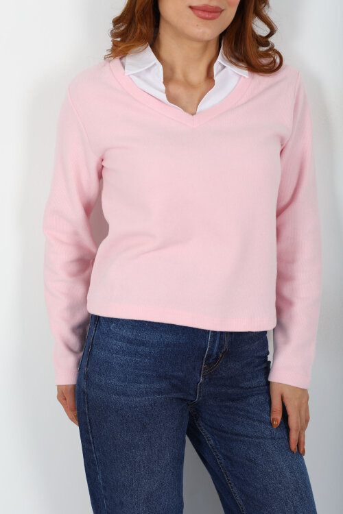 Gömlek Garnili Selanik Kadın Pembe Bluz - Berox (1)