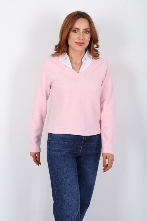 Gömlek Garnili Selanik Kadın Pembe Bluz - 5