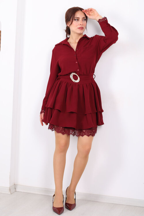 Gömlek Yaka Dantel Detaylı Katlı Bordo Kadın Mini Elbise - 4