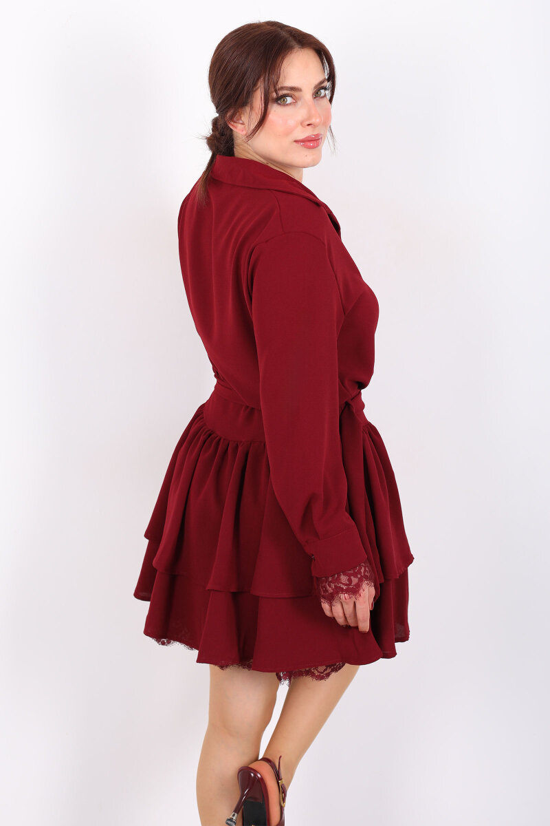 Gömlek Yaka Dantel Detaylı Katlı Bordo Kadın Mini Elbise - 6