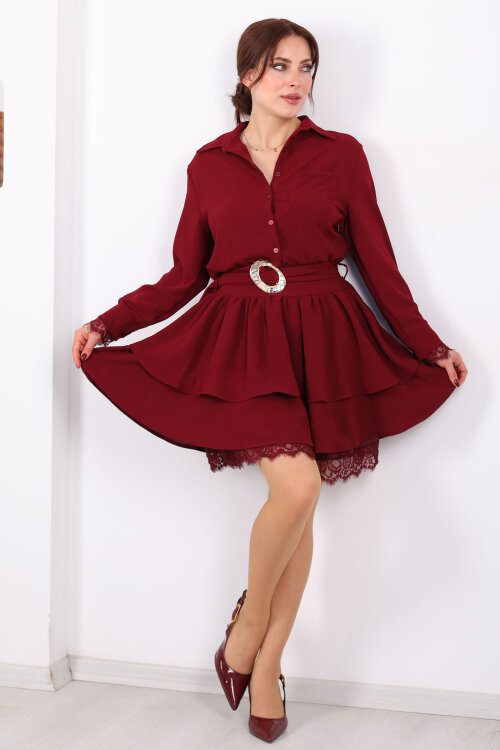 Gömlek Yaka Dantel Detaylı Katlı Bordo Kadın Mini Elbise - Berox