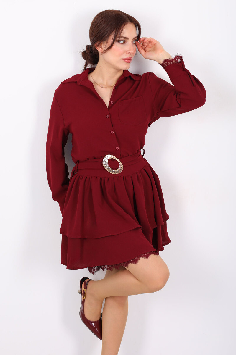 Gömlek Yaka Dantel Detaylı Katlı Bordo Kadın Mini Elbise - 3