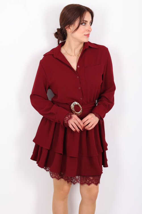 Gömlek Yaka Dantel Detaylı Katlı Bordo Kadın Mini Elbise - 5